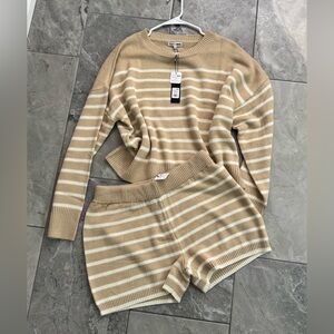 Fashion Nova Tan and Cream Striped Knit Set